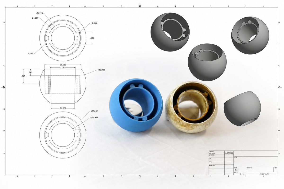 Mechanical components displayed alongside a technical engineering drawing