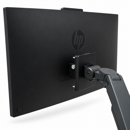 Rear view of an HP monitor showing a VESA mount adapter attached to a monitor arm